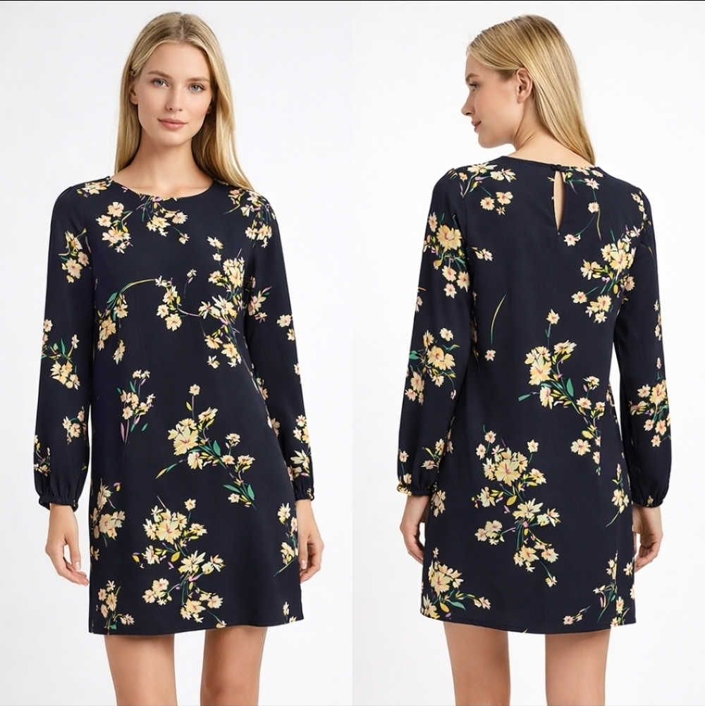 Lulus Navy Floral Long Sleeve Shift Dress XS Teacher Chic Minimalist
